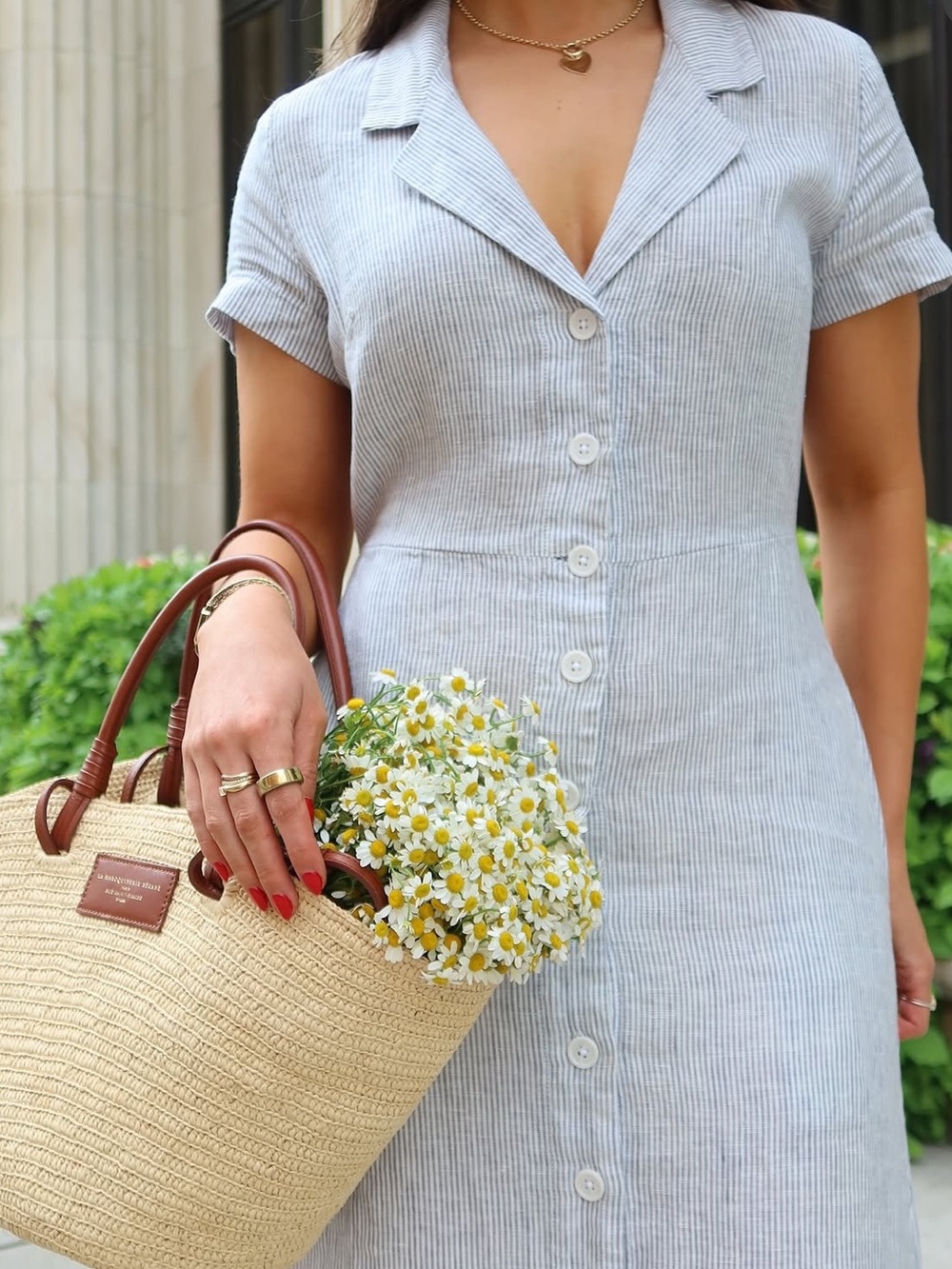 Quince - 100% European Linen Button Front Dress in Blue Pinstripe - Picture 4 of 7